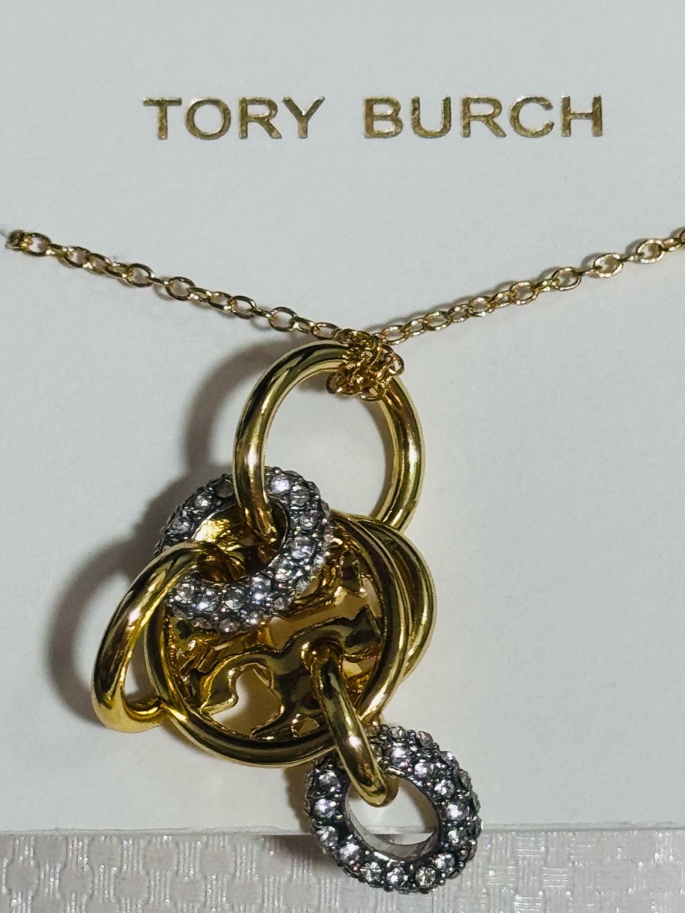 NWT Tory Burch Icon Pavé Interlocking Gold Logo Pendant Necklace